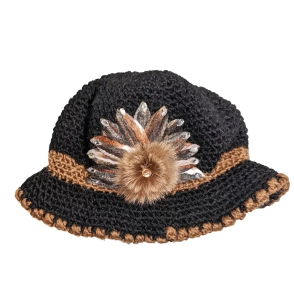 Vint. Crochet Cloche Hat w/ Embroidery and Fur Rosette